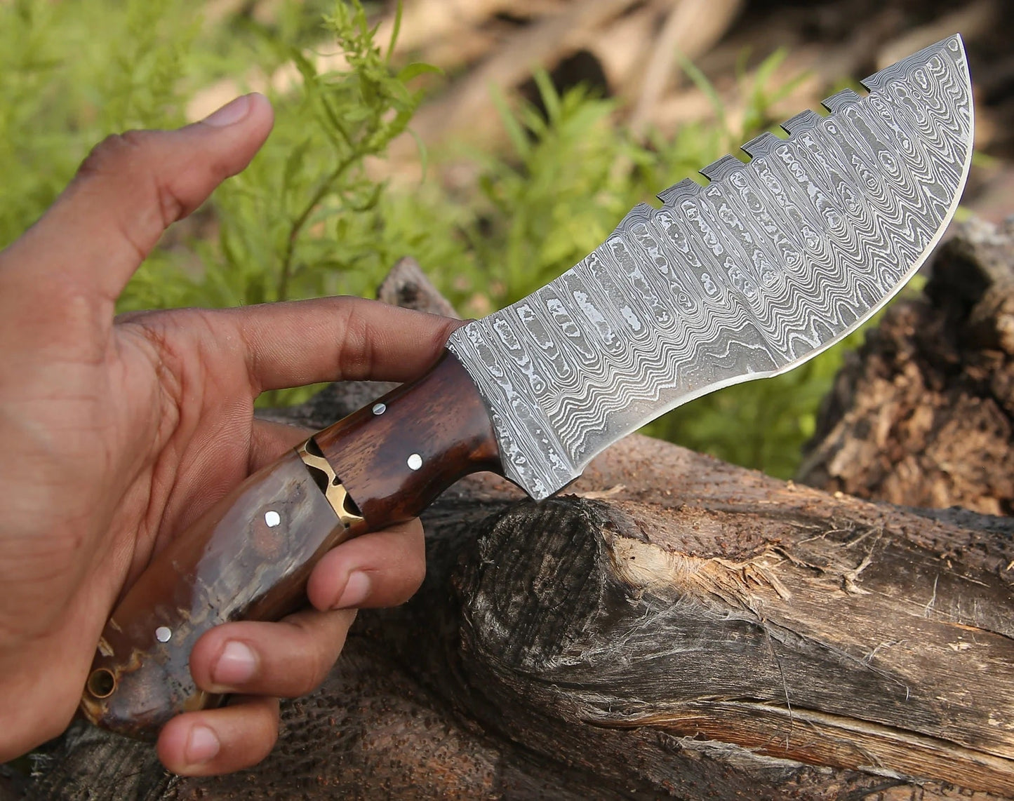 Handmade Damascus Steel Tom Brown Best Tracker Knife For sale with Sheep Horn, Rose Wood and Brass Spacer Handle and Leather Sheath