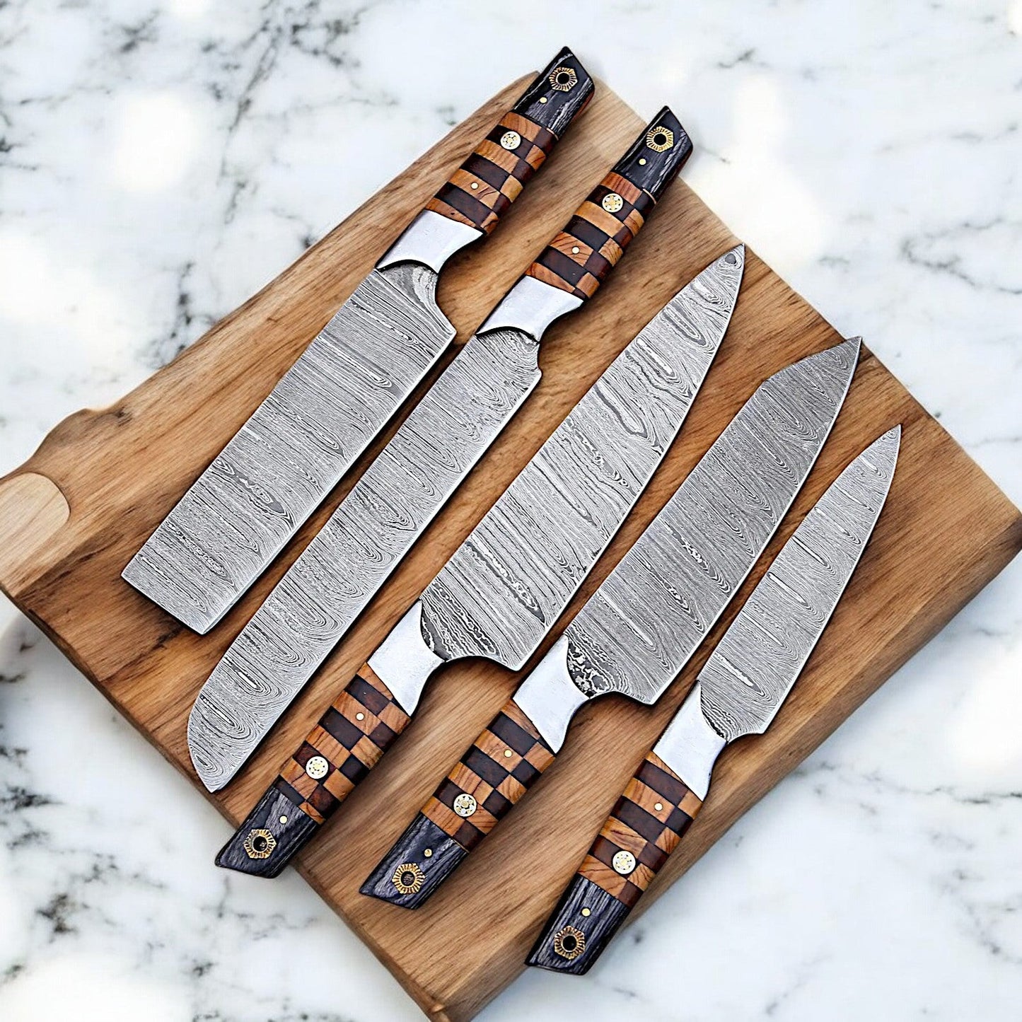 Handmade Custom Knife Set - 5 Damascus Steel Knives with Leather Sheath