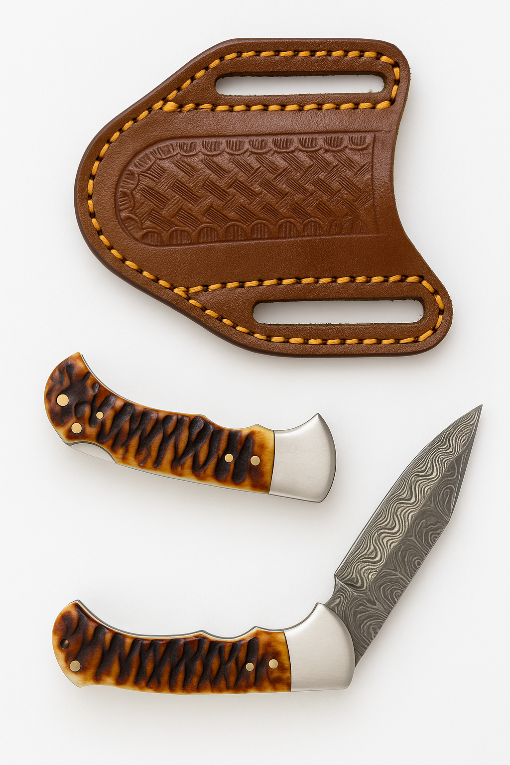 Stag Horn Style Damascus Folding Knife with Leather Sheath - TK-410