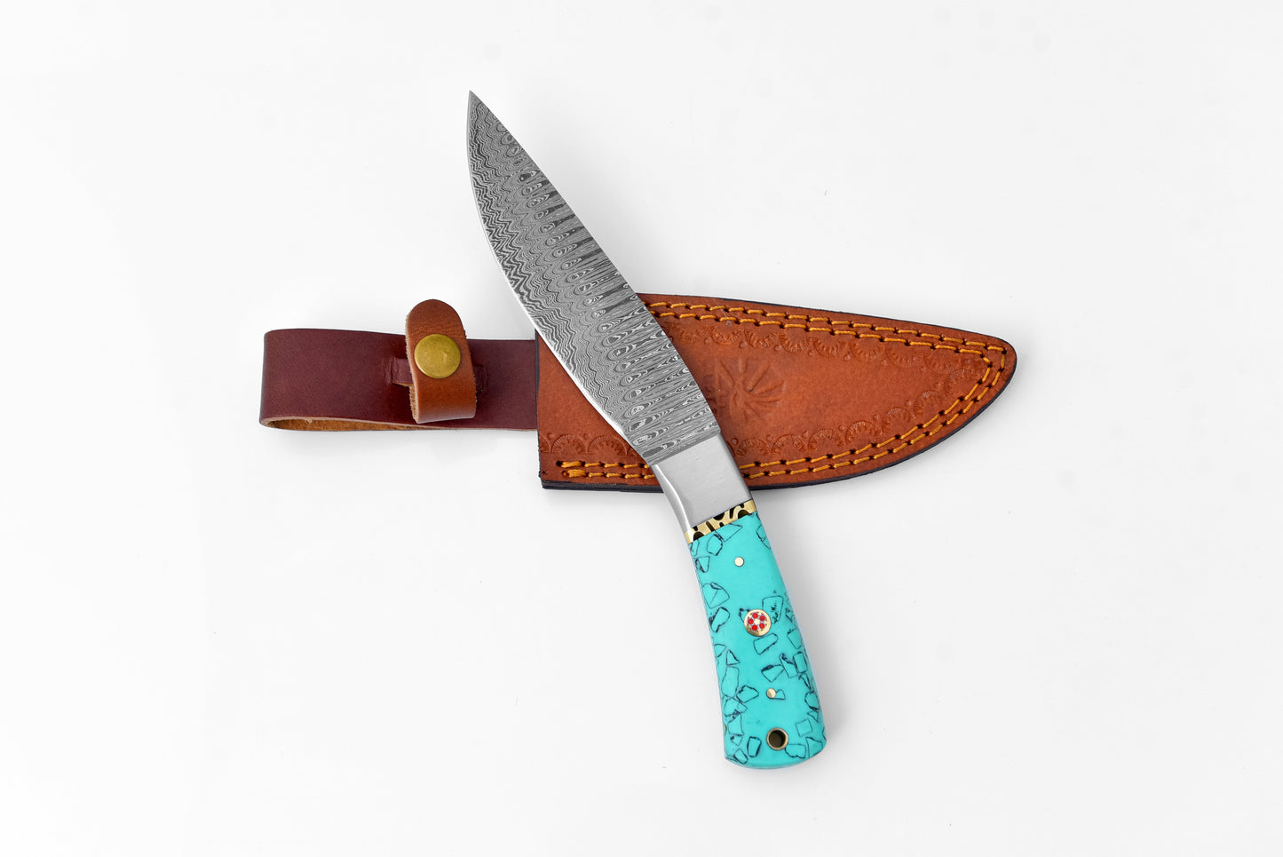 Damascus Steel Drop Point Outdoor Chopping Tool | Azure Turquoise Resin Handle TK-118