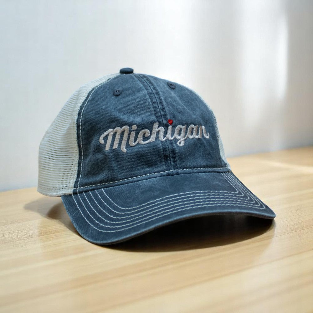 Hat - Michigan Heart Low Profile Trucker - Steel Blue/Khaki-FINAL SALE