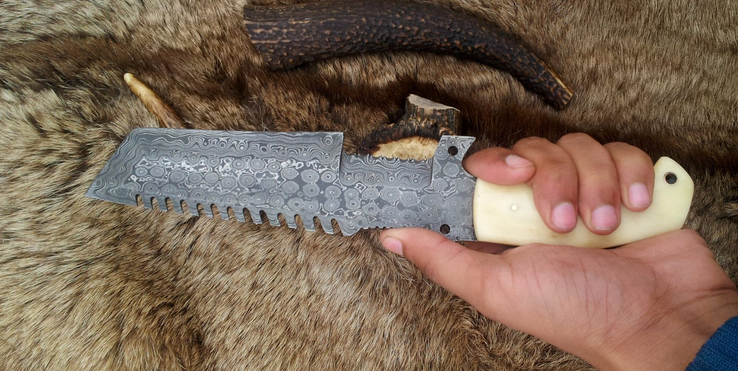 Custom Handmade Damascus Tanto Tracker Knife with Camel Bone Handle and Leather Sheath – Full Tang 12-Inch Survival Knife by KBS Knives
