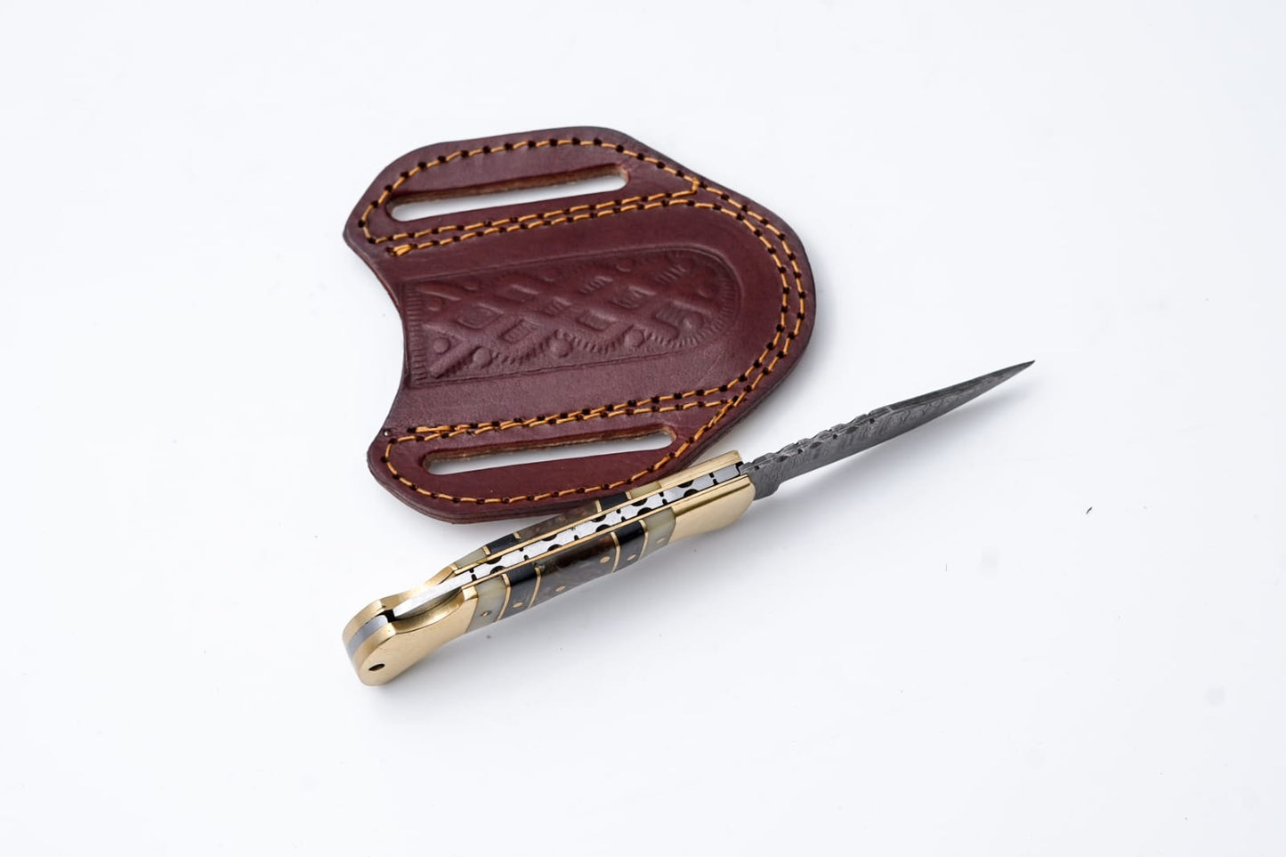 Brass & Bone Damascus Folding Knife with Leather Sheath - TK-411