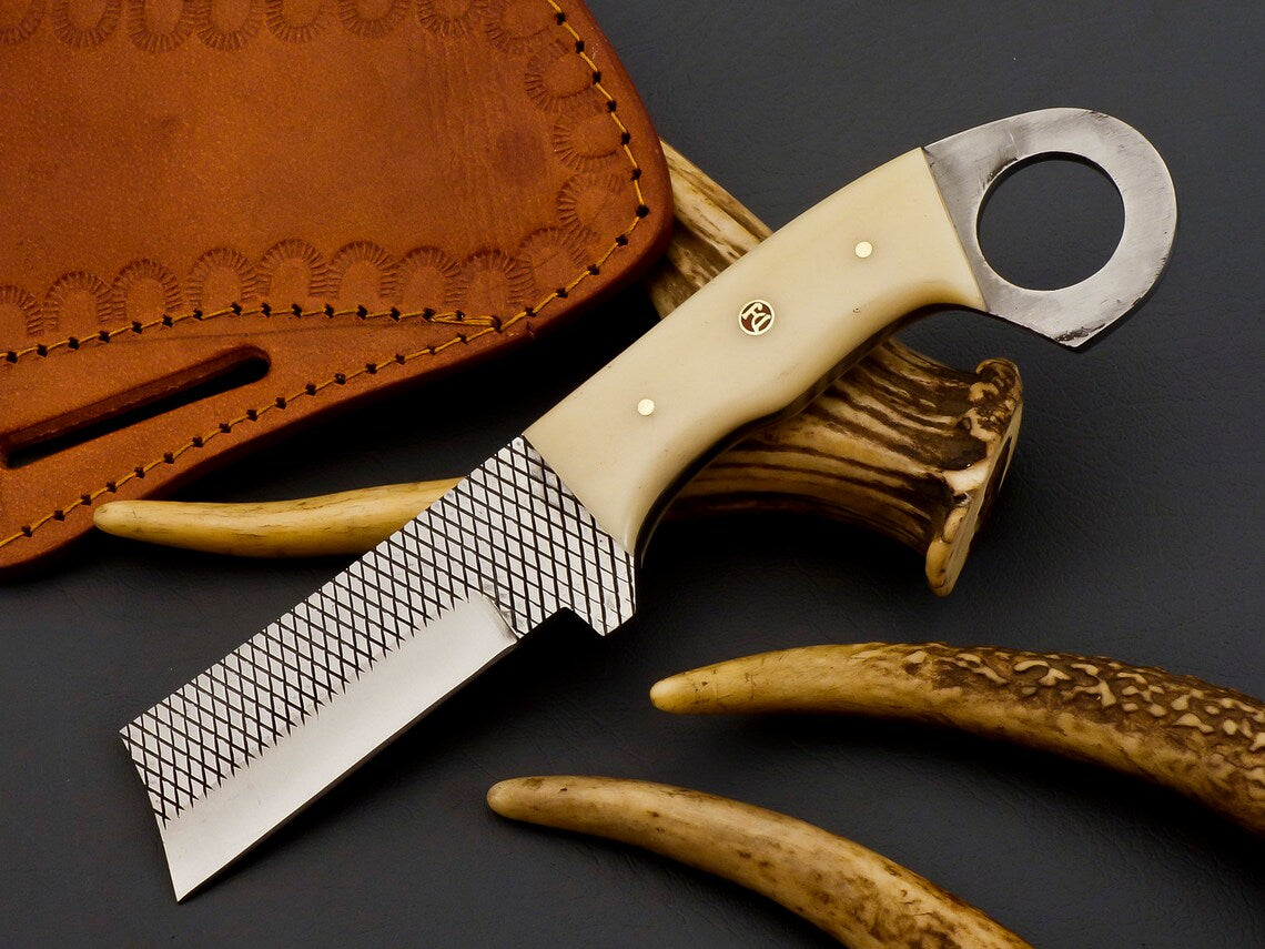 Custom Handmade Cowboy Castrator Knife – Rasp Tool Steel Blade with Bone Handle
