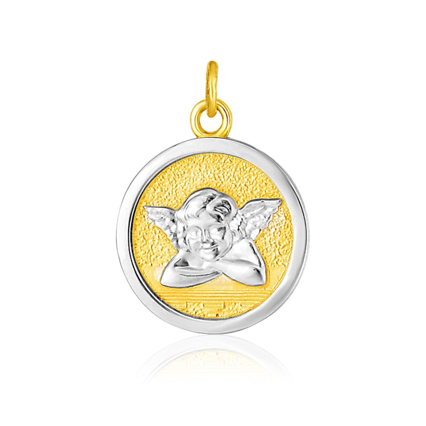 14k Two Tone Gold Round Angel Medal Pendant