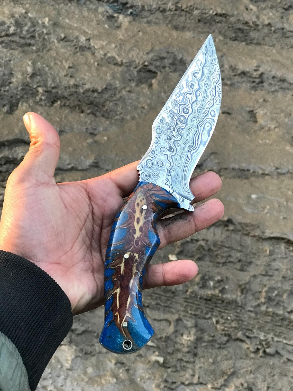 Custom Handmade Damascus Steel Hunting Knife with Raindrop Blade – 10" | KBS Knives