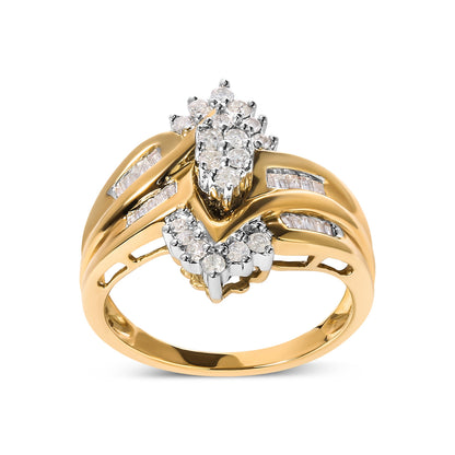 10K Two-Toned 1/2 Cttw Round And Baguette-Cut Composite Pear Head Diamond Ring (H-I Color, I2-I3 Clarity) - Ring Size 7