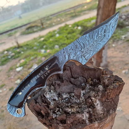Deer Skinning Knife Custom Handmade Full Tang Fire Damascus Steel with Buffalo Horn Handle, 8-inch - The Blazecrest