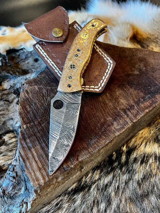 Custom Handmade Damascus Steel Folding Pocket Knife with Hand Engraved Brass Handle