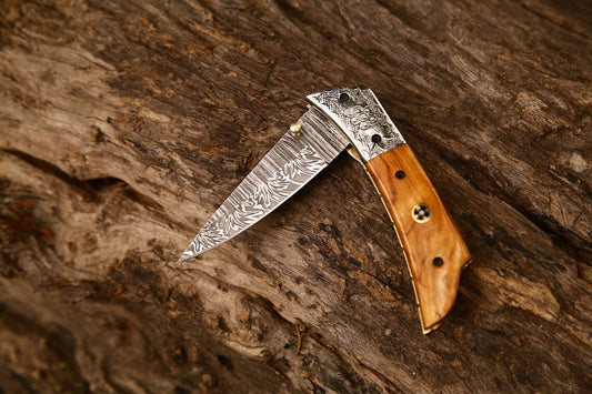 Hand Engraved Custom Damascus Steel EDC Folding Pocket Knife | 3-Inch Blade, Olive Wood Handle, Leather Case | Gift Idea