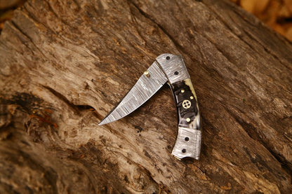 Best Custom Handmade Damascus Steel EDC Folding Pocket Knife | 3-Inch Blade, Sheep Horn Handle, Leather Case | Ideal Gift for Any Occasion by KBS Knives