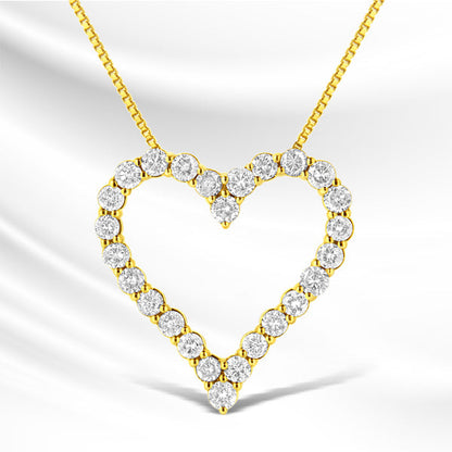 14K Yellow Gold Plated .925 Sterling Silver 2.00 Cttw Shared Prong-Set Round Brilliant-Cut Diamond Open Heart 18" Pendant Necklace (K-L Color, I2-I3 Clarity)