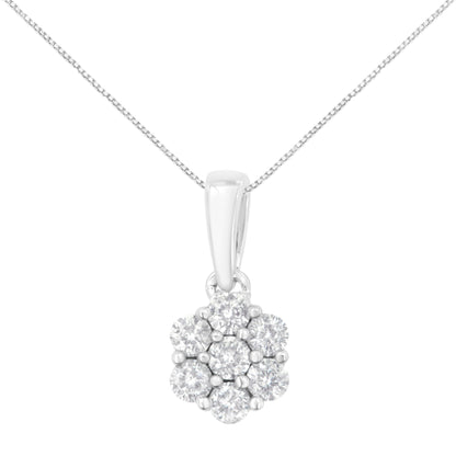 14K White Gold 1/2 cttw Prong Set Round-Cut Diamond 7 Stone Floral Cluster 18" Pendant Necklace (H-I Color, I1-I2 Clarity)