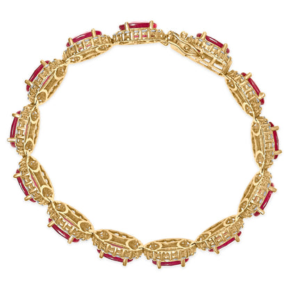 14K Yellow Gold 6 2/5 Cttw Diamond and 34.0 Cttw Oval Red Ruby Halo Link Bracelet (I-J Color, SI1-SI2 Clarity) - 7.25" Inches