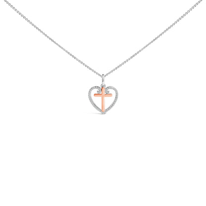14K Rose Gold Plated Sterling Silver 1/5 Cttw Diamond Heart Cross Pendant Necklace