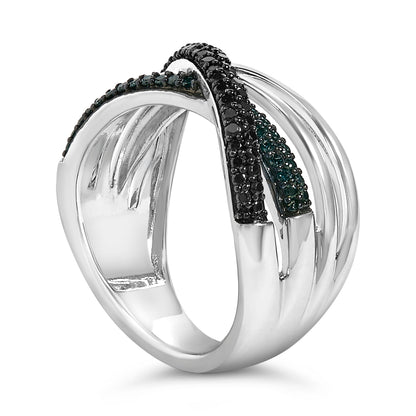 Sterling Silver 1/2 Cttw Black and Blue Diamond Crossover Bypass Ring