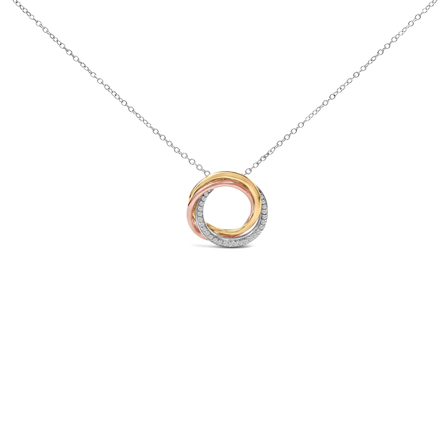 Tri Tone Sterling Silver 1/5 Cttw Diamond Interlocking Circle Pendant Necklace