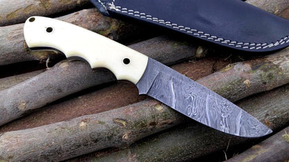 Custom Handmade Damascus Hunters Knife with Leather Sheath