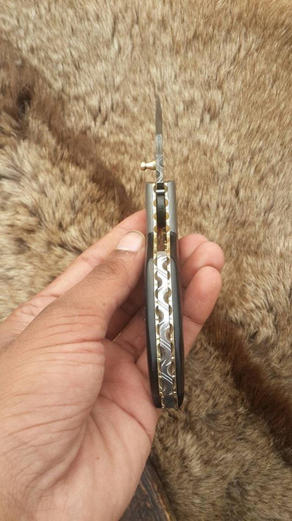 Everyday Carry Custom Handcrafted Damascus Steel Folding Pocket Knife with Buffalo Horn & Damascus Bolster Handle – The Artisan's Touch