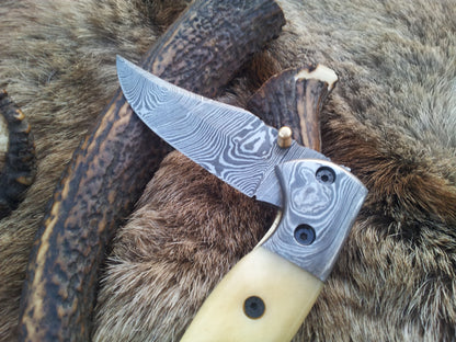 Everyday Carry Damascus Steel Folding Pocket Knife with Bone Handle – The BoneCraft