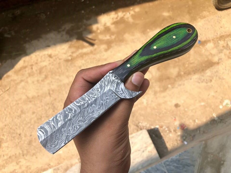 Luxury Traditional Straight Razor with Full Tang Damascus Steel Blade and Exotic Pakka Wood Handle - Includes Leather Case - KBS Knives Store Exclusive
