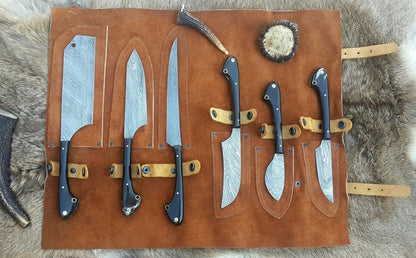 Wild Game Processors – 6-Piece Damascus Steel Knife Set with Buffalo Horn Handles