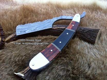 Luxury Antique Razor with Damascus Steel Blade and Buffalo Horn-Rosewood, Brass Bolsters Handle - Includes Leather Case - Available Exclusively at KBS Knives Store