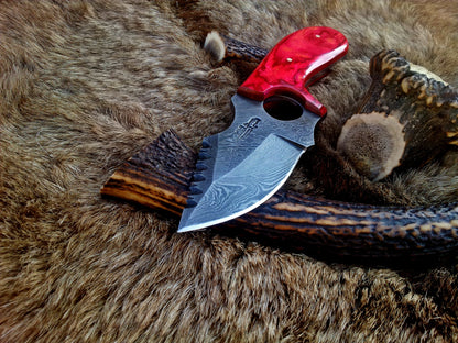 Custom Damascus Steel Field Dressing Deer Skinning Knife with Pakka Wood Handle – 7.5 Inch Drop Point Blade with Finger Hole