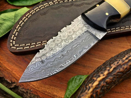 Custom Handmade Raindrop Damascus Steel Hunting EDC Skinning Knife