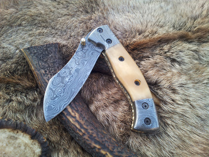 Everyday Carry Damascus Steel Folding Pocket Knife with Bone Handle – The BoneShaper
