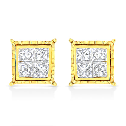 14K Yellow Gold 1.0 Cttw Invisible Set Princess-Cut Diamond Composite 8 Stone Stud Earrings (I-J Color, SI1-SI2 Clarity)