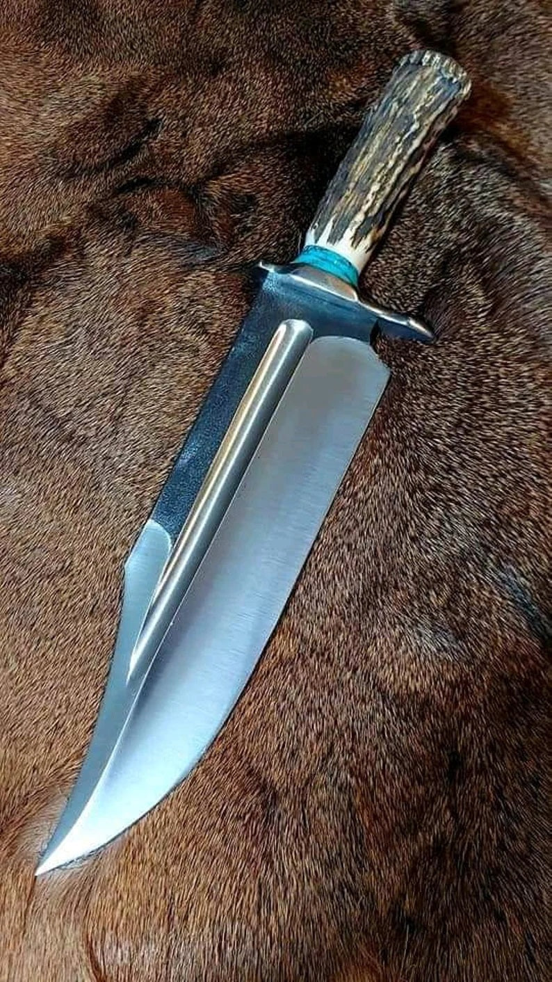 Ultimate Survival Bowie Knife - Handmade, 1095 Forged Steel, 11" Blade, Antler Horn Handle, Exotic Wood, Steel Guard
