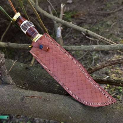 Premium D2 Steel Bowie Knife - 16" Overall, 11" Blade, Antler Horn Handle, Stacked Leather & Brass Guards
