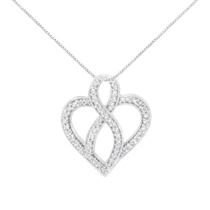 14K White Gold 1/4 cttw Round Cut Diamond Heart and Ribbon Center Pendant Necklace (H-I, I1-I2)