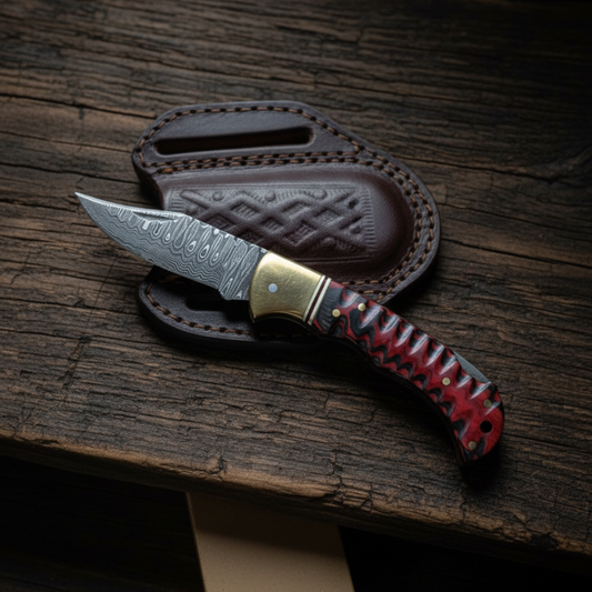 Crimson Ridge Damascus Folding Knife - TK-432