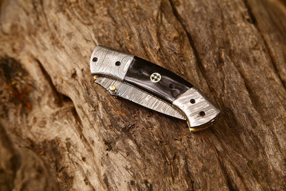 New Custom Handmade Damascus Steel Tanto Blade EDC Folding Pocket Knife | 3-Inch Blade, Buffalo Horn Handle, Leather Case | Perfect Gift by KBS Knives