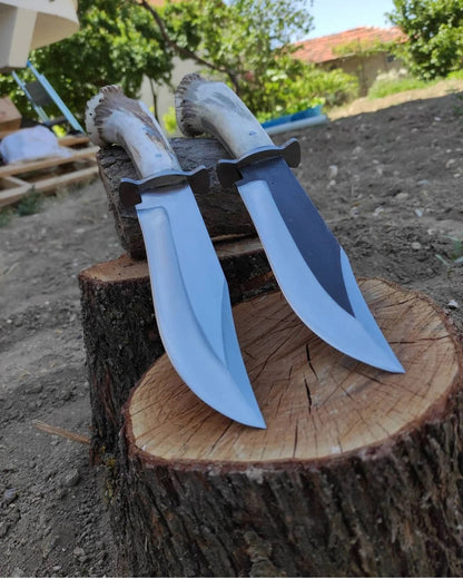 High-Carbon 1095 Forged Steel Bowie Knife - Handmade Deer Horn Guard Handle, Leather Sheath Included