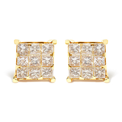 14K Yellow Gold 1 1/2 Cttw Invisible Set Princess-Cut Diamond 9 Stone Square Stud Earrings (J-K Color, SI2-I1 Clarity)