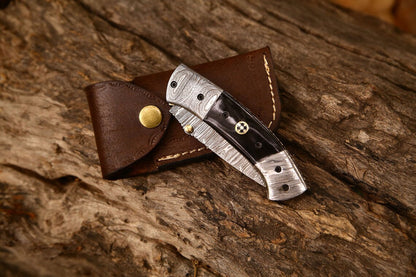New Custom Handmade Damascus Steel Tanto Blade EDC Folding Pocket Knife | 3-Inch Blade, Buffalo Horn Handle, Leather Case | Perfect Gift by KBS Knives