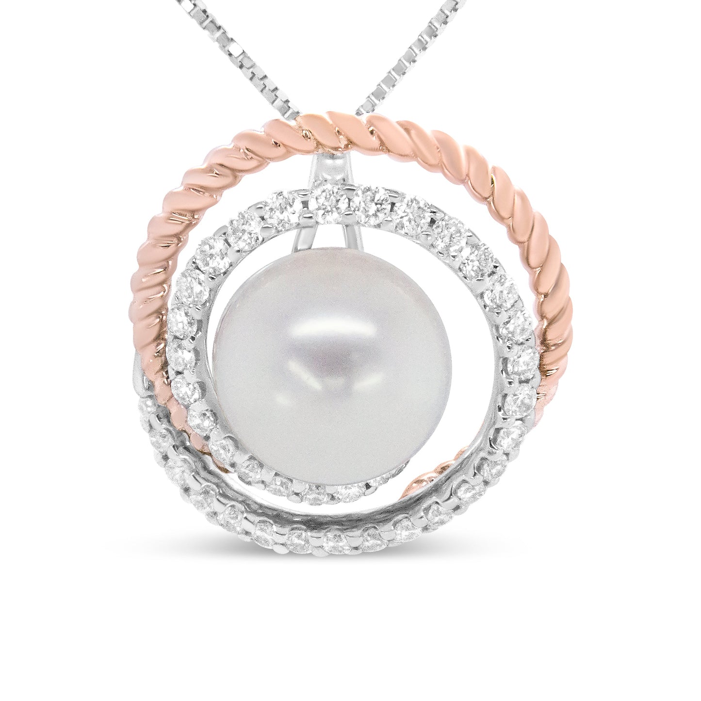 14K Rose and White Gold 3/8 Cttw Pave Diamond and 9mm Round Pearl Spiral Openwork 18" Pendant Necklace- (H-I Color, VS1-VS2 Clarity)