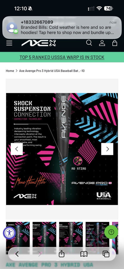 Axe Avenge Pro Hybrid (-10) USA Baseball Bat 28”/18oz – Brand New!
