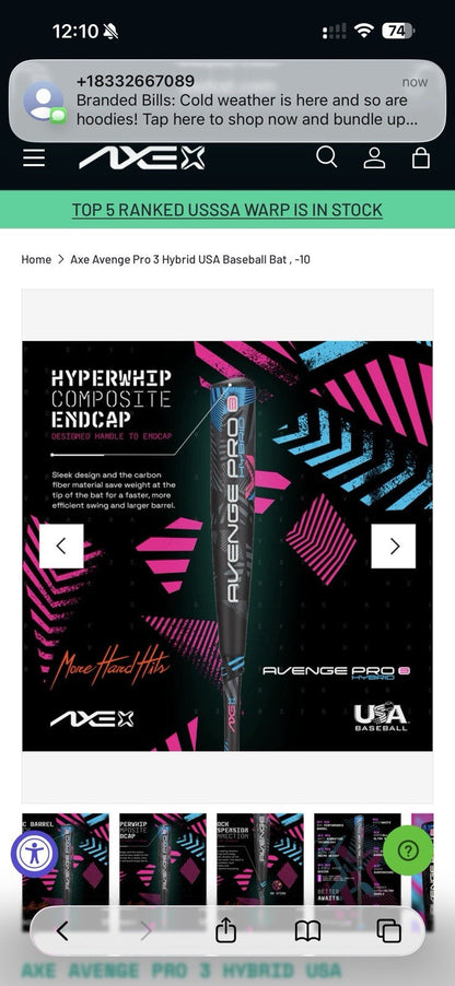 Axe Avenge Pro Hybrid (-10) USA Baseball Bat 28”/18oz – Brand New!