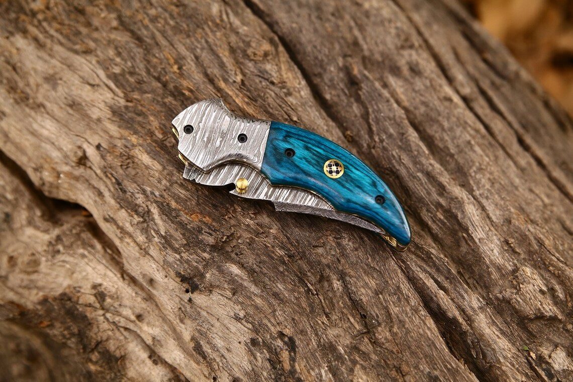 Custom Handmade Damascus Steel EDC Folding Pocket Knife – Exotic Wood Handle, 3-Inch Blade, Leather Case – Ideal Wedding Gift
