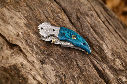Custom Handmade Damascus Steel EDC Folding Pocket Knife – Exotic Wood Handle, 3-Inch Blade, Leather Case – Ideal Wedding Gift