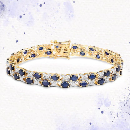 14K Yellow Gold Plated 12.53 Carat Genuine Blue Sapphire and White Diamond .925 Sterling Silver Bracelet