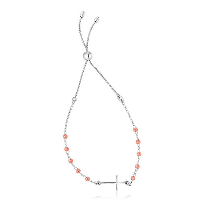 Sterling Silver White and Rose Finish Adjustable Bracelet with Cross