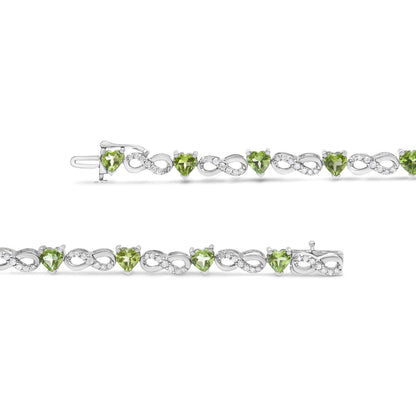 .925 Sterling Silver 1.00 Cttw Diamond and 4.00mm Lab Created Green Heart-Shaped Peridot Infinity Link Bracelet (I-J Color, I2-I3 Clarity) - 7.25"