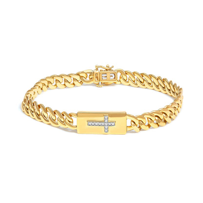 14K Yellow Gold Plated .925 Sterling Silver Diamond Accent Inlaid Cross Cuban Link Bracelet (I-J Color, I3 Clarity)-  7.25"