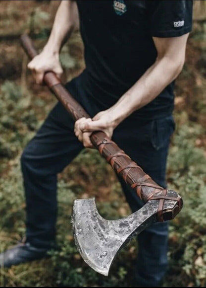 Custom Handmade Viking Battle Axe with Forged 1095 Steel Blade and Rosewood Leather-Wrapped Handle – KBS Knives Store