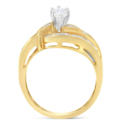 14KT Two-Toned Gold Marquise, Baguette and Round Cut Diamond Bypass Ring (1 cttw, H-I Color, SI1-SI2 Clarity) (Size 7)